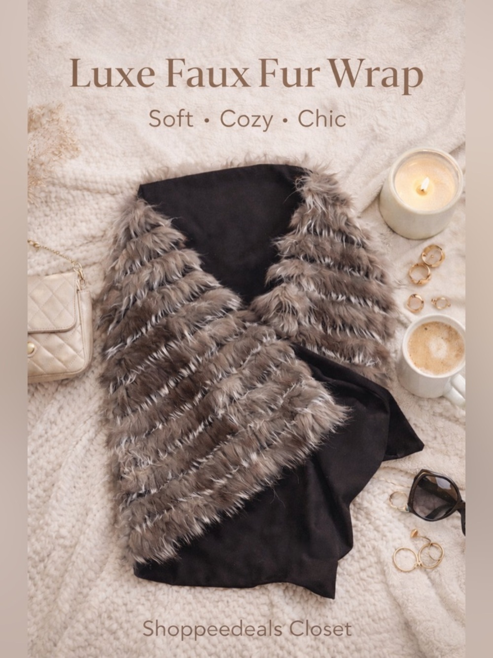 Faux Fur Wrap Shawl Scarf w/ Pockets Cozy Luxe Layered